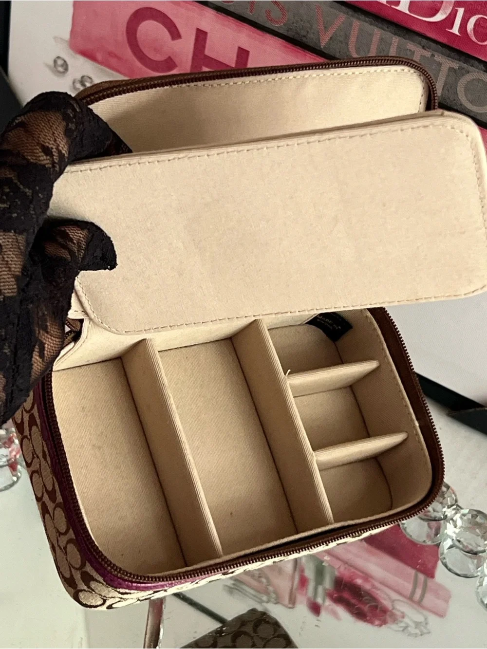 Coach Tan/Brown Signature Case with Pink Pull jewelry box